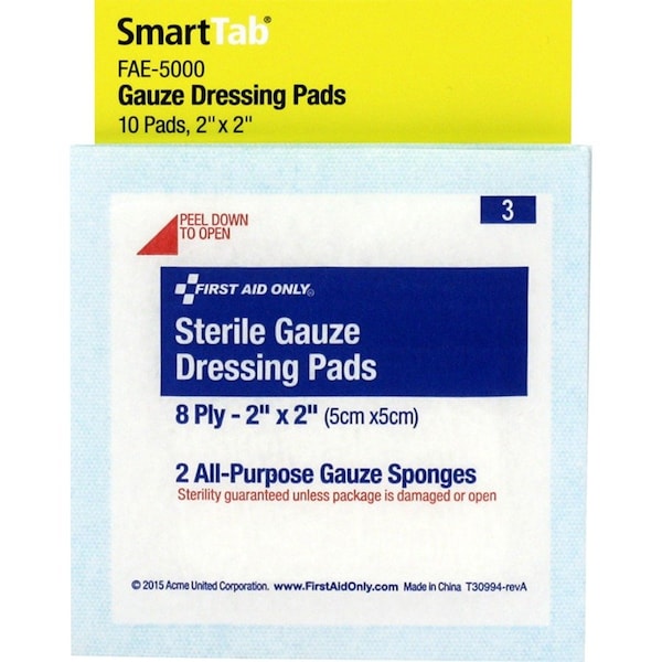 First Aid Only Gauze Dressing Pad, 8-Ply, 2"x2", 10/PK, White, PK10 FAOFAE5000 - main